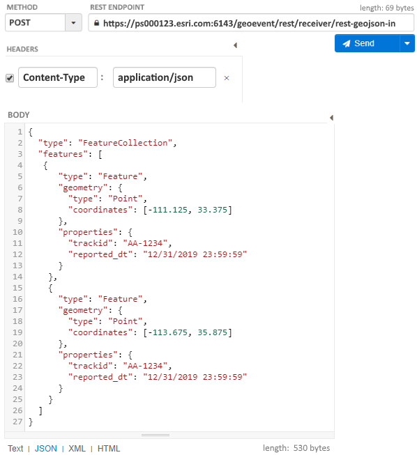 GeoJSON FeatureCollection with two GeoJSON feature records